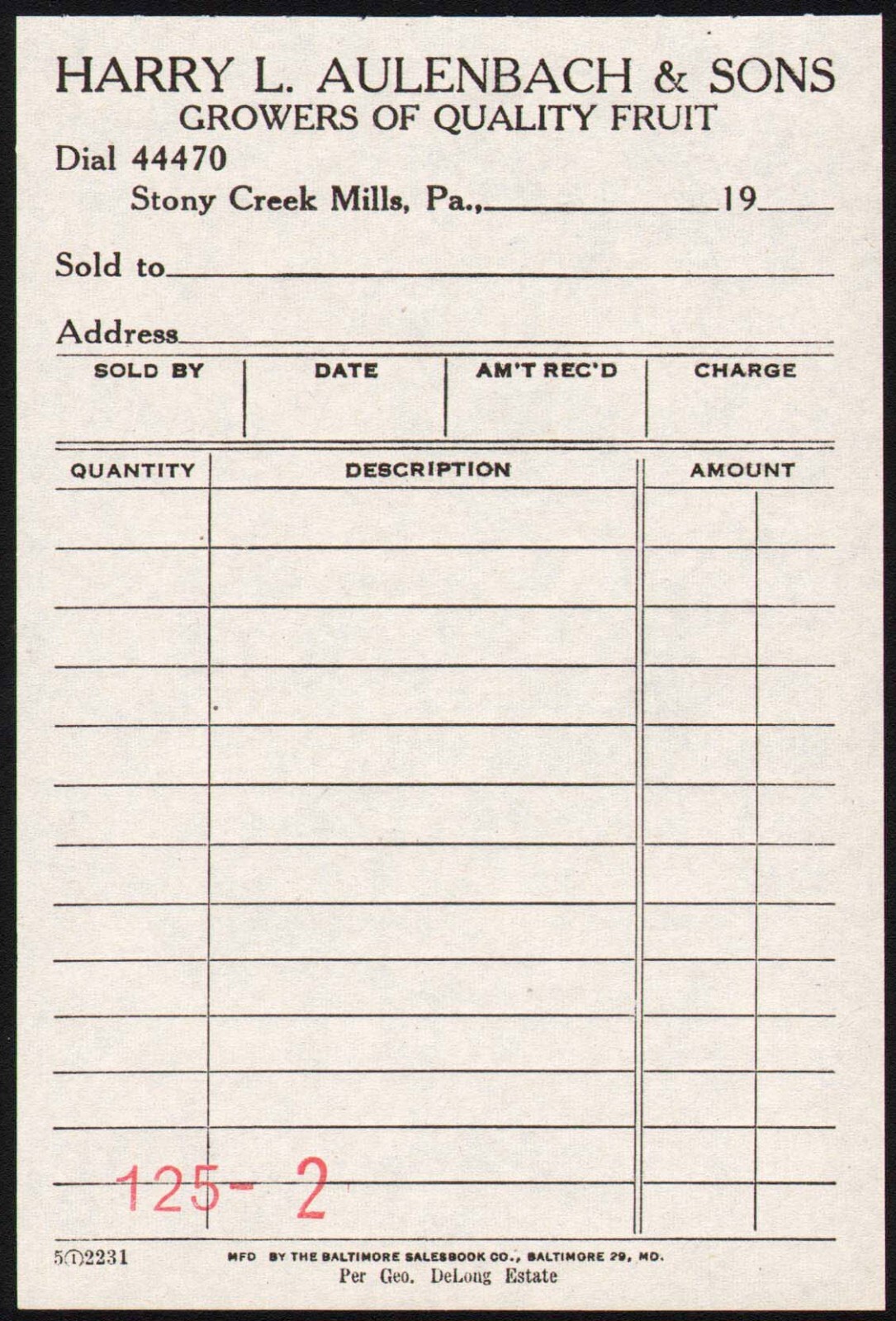 Vintage receipt HARRY L AULENBACH and SONS Stony Creek Mills PA unused n-mint+