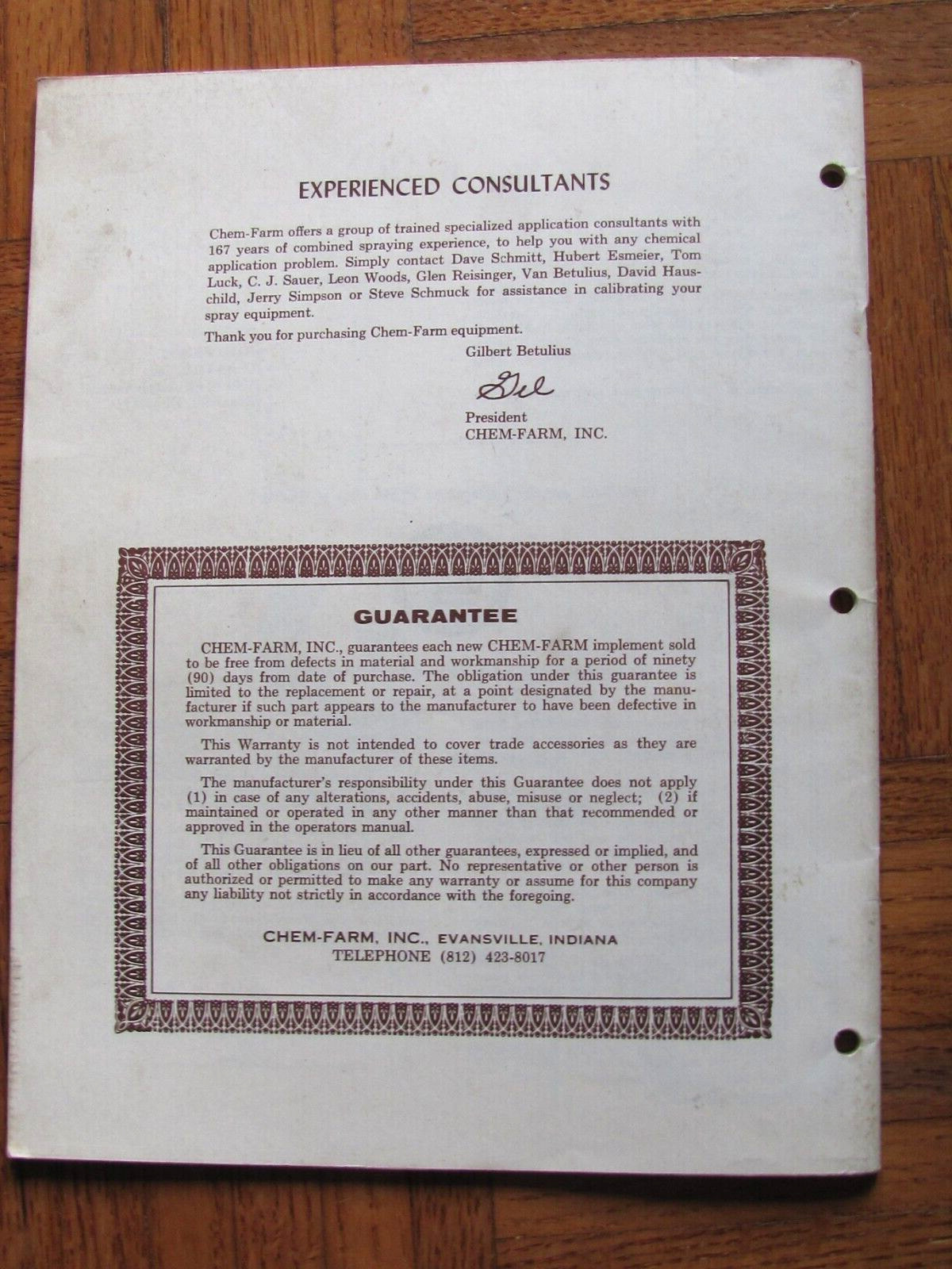 1980 OWNER MANUAL – PARTS CATALOG CHEM-FARM EVANSVILLE IN TRACTOR MOUNT SPRAYER