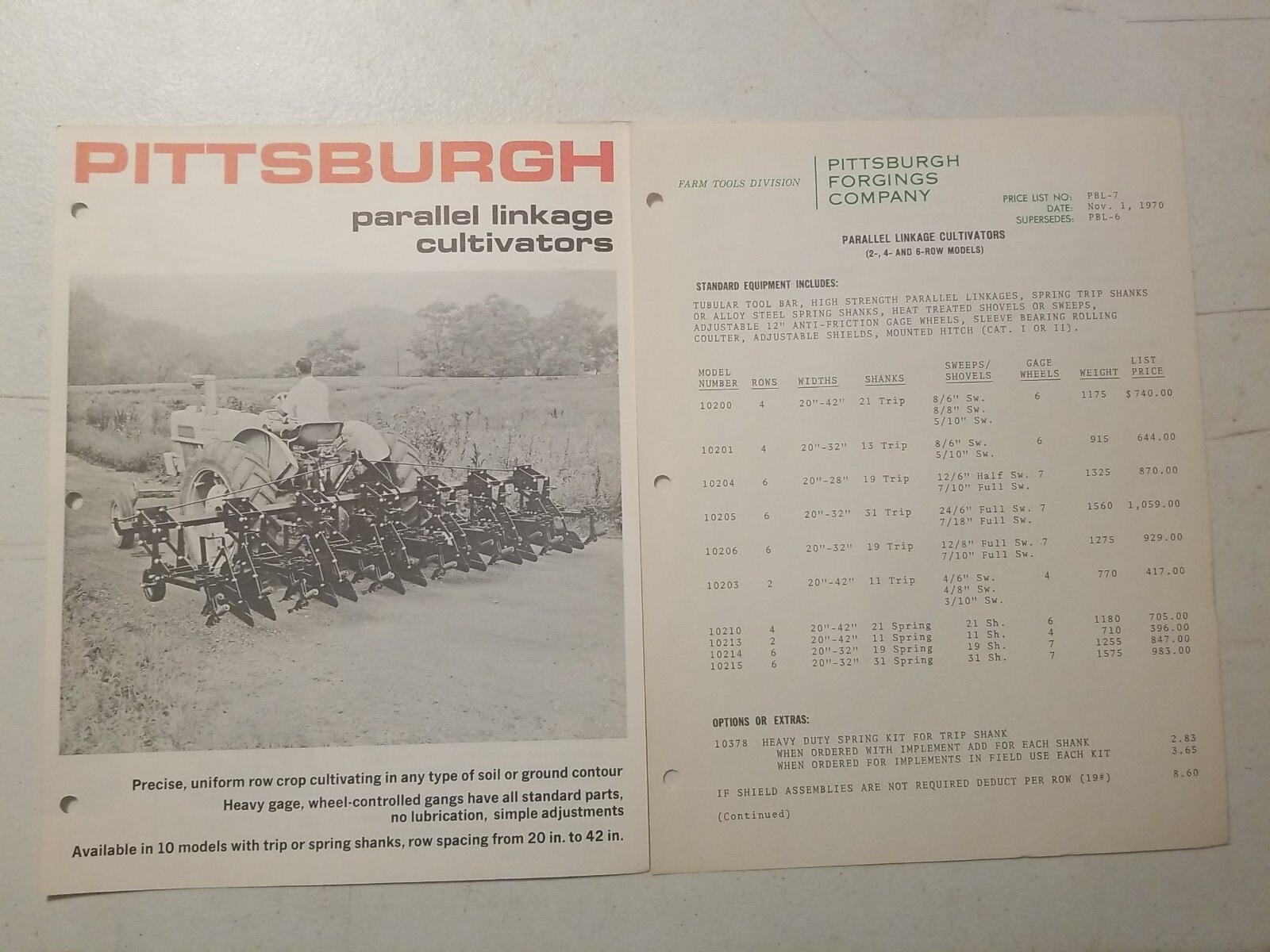 1970 PITTSBURGH FORGINGS CO. Parallel Linkage CULTIVATOR BROCHURE & PRICE LIST