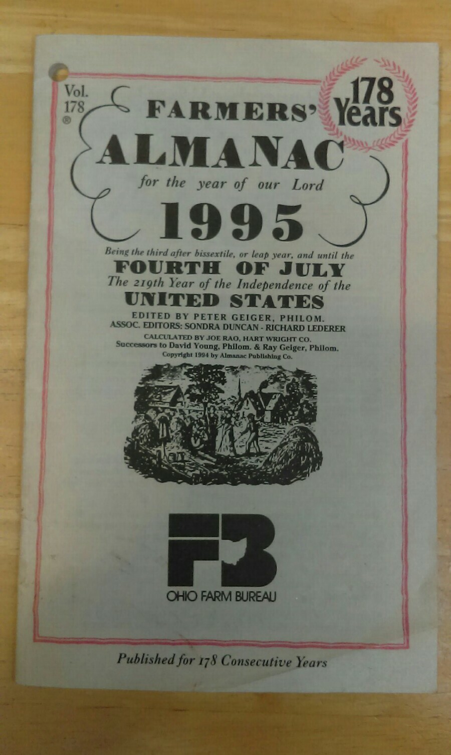 Vintage Collectible ALMANAC 1995 Vol. 178 Ohio Farm Bureau U.S.A. Pamphlet