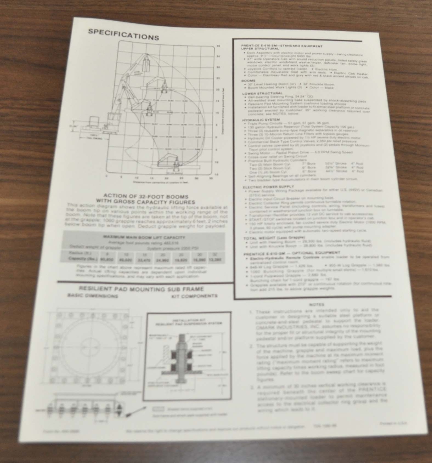 Prentice E-610 SM Logging Truck Hydraulic Crane Specifications Brochure Prospekt