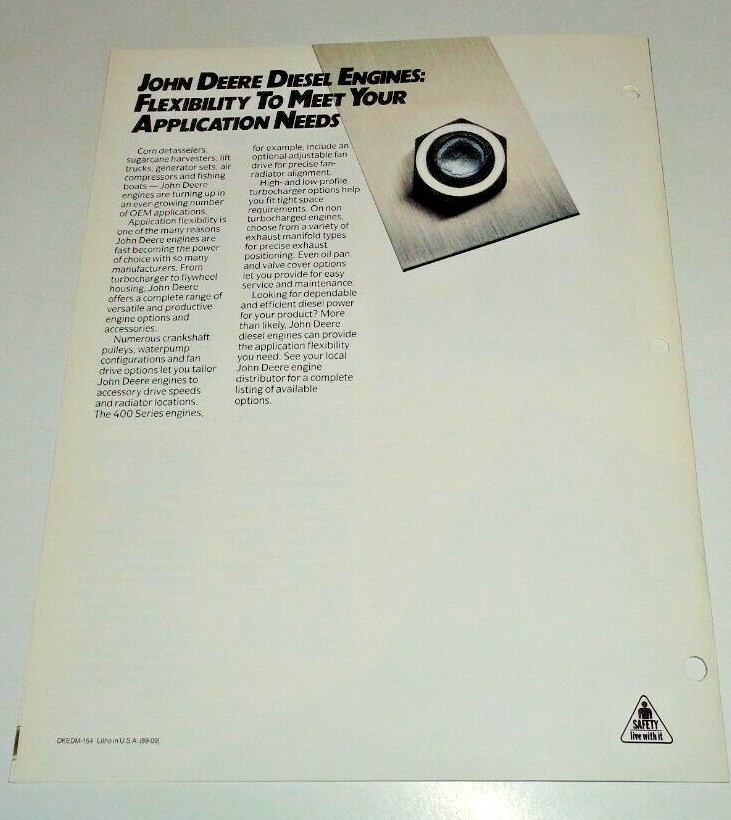 John Deere Diesel Engine Off Road Applications Sales Brochure Detasseler 9/89