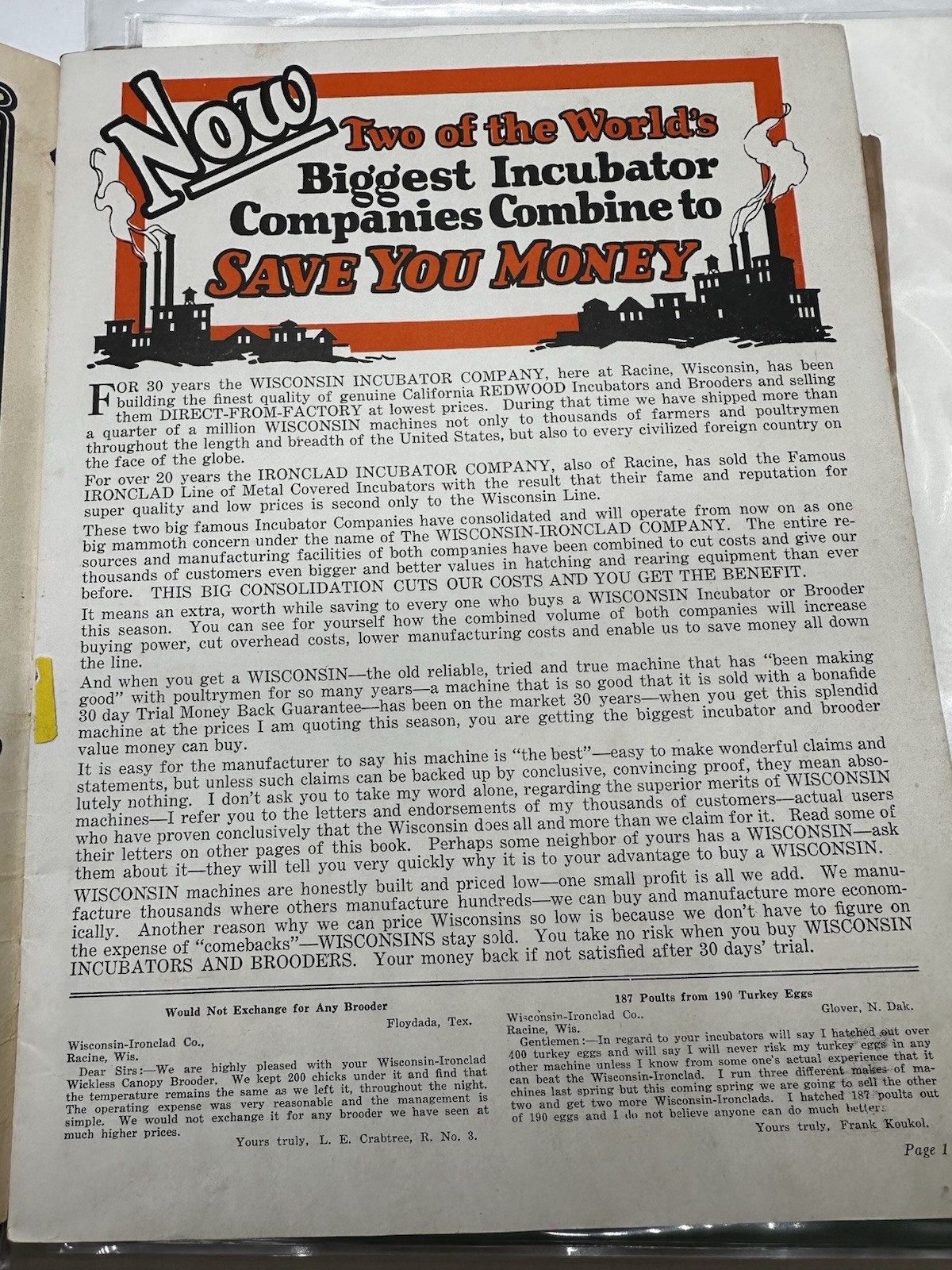 Wisconsin-Ironclad 30th Annual Catalog Incubators Brooders Racine, WI Ephemera