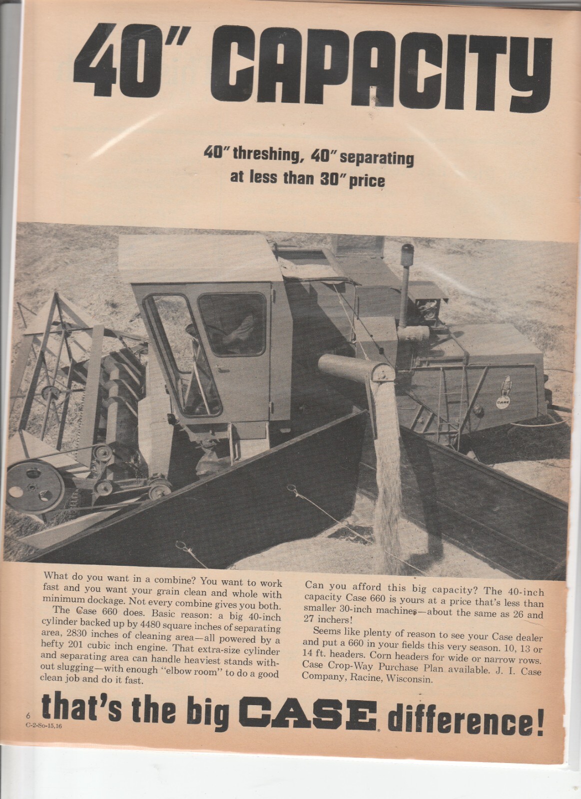 Original 1967 Case Tractor Combine Magazine Ad &rsquo;40&Prime;Capacity&rsquo;
