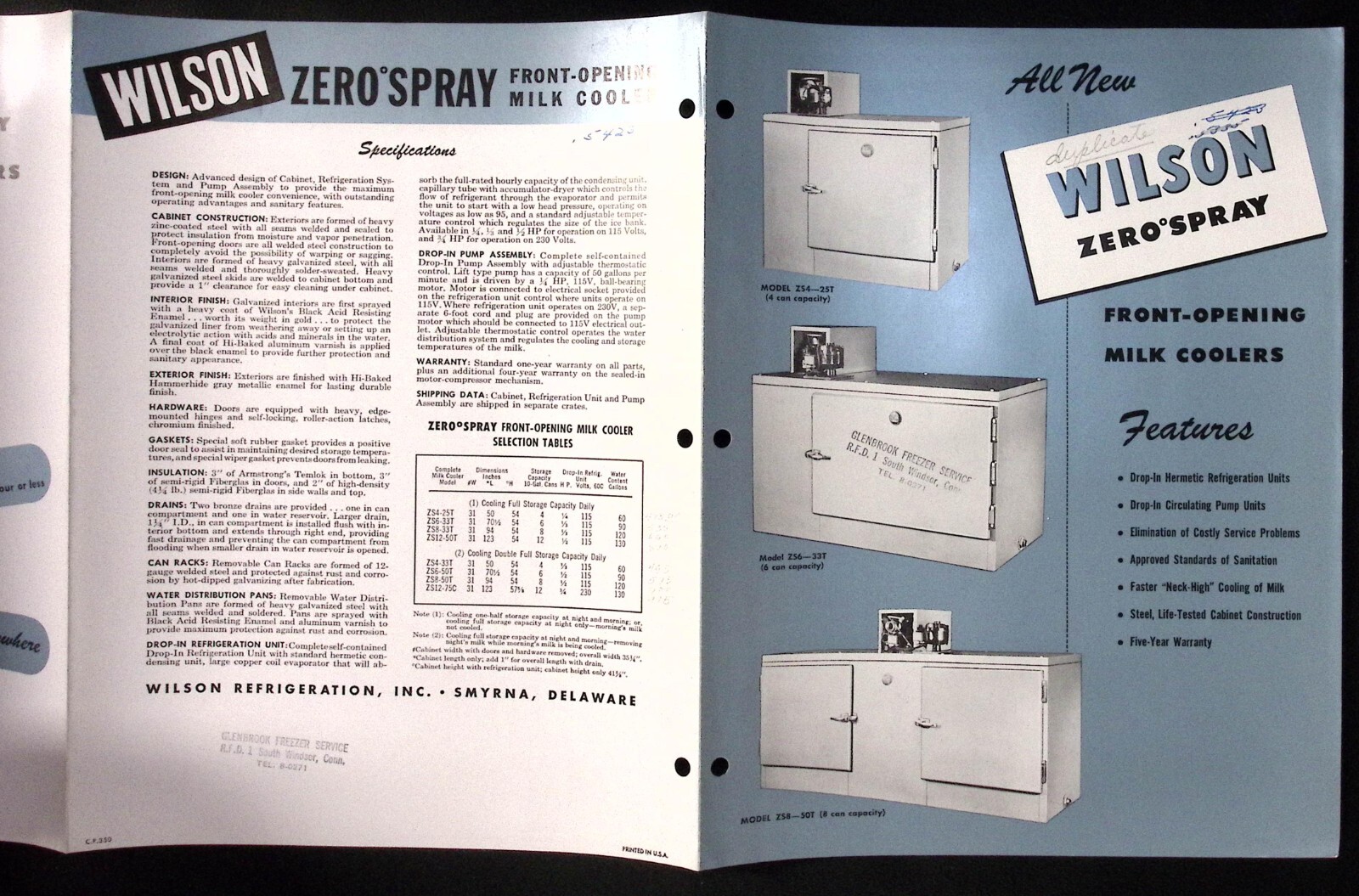 1950s Wilson Zero Spray Front Opening Milk Coolers Wilson Refrigeration Brochure
