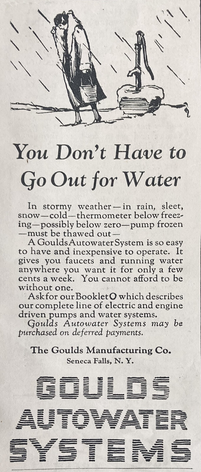 1926 AD.(XG22)~GOULDS MFG. CO. SENECA FALLS, NY. GOULDS AUTOWATER SYSTEMS