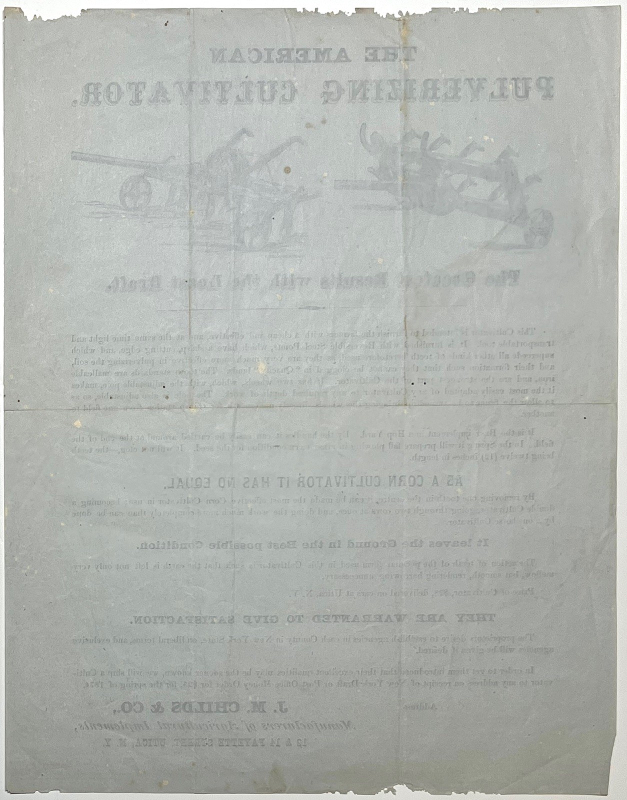 1874 AMERICAN PULVERIZING CULTIVATOR BROADSIDE CHILDS UTICA AGRICULTURAL VINTAGE