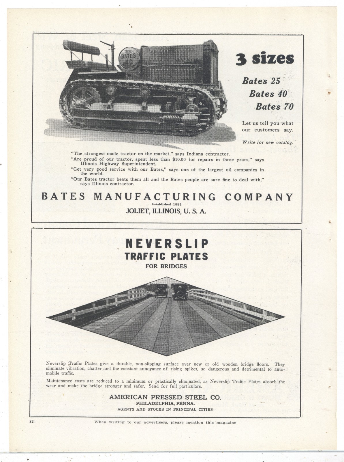 1927 Bates Model 40 Crawler Tractor Ad: Since 1883 – Joliet, Illinois