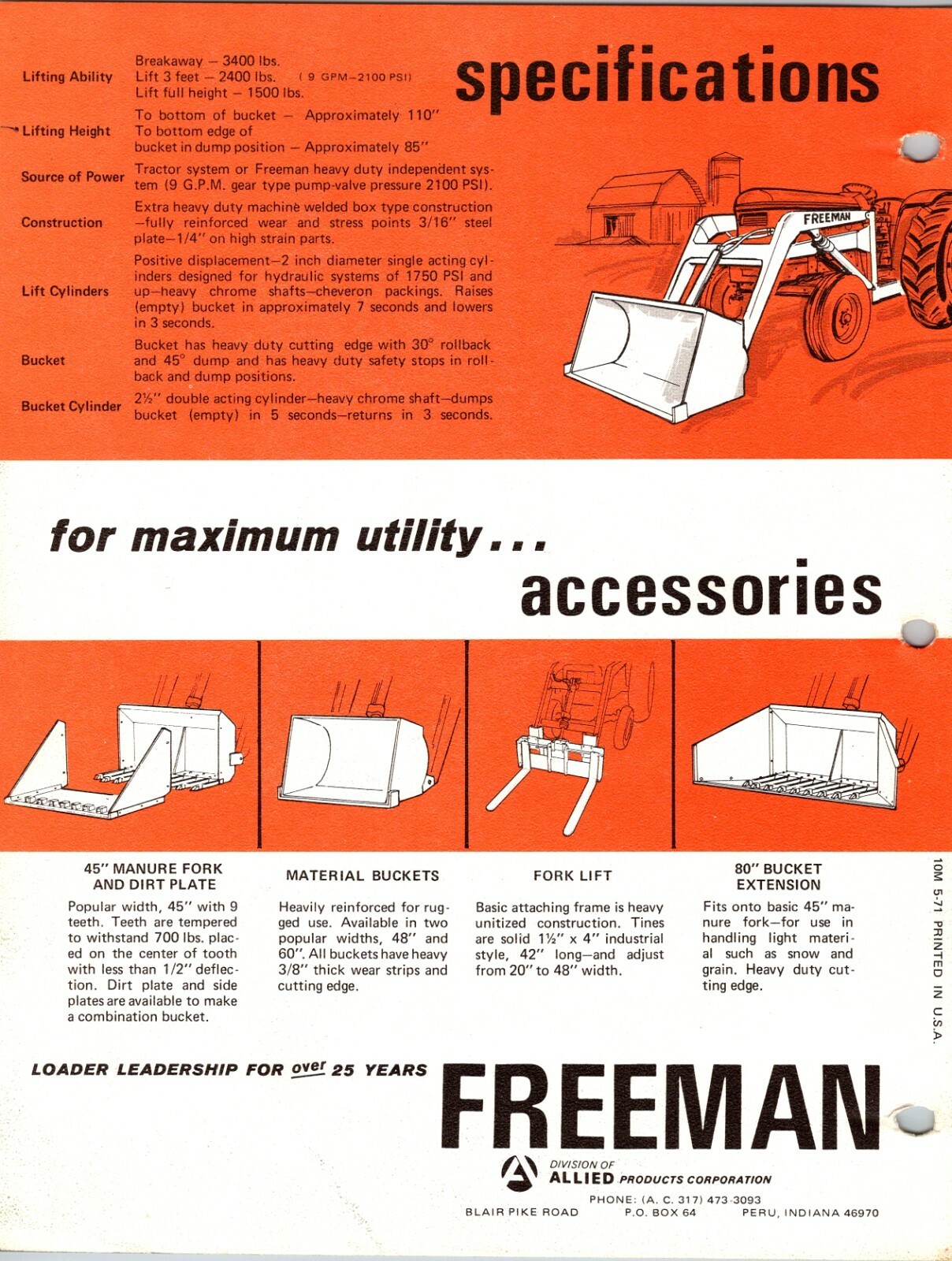 One(1) Freeman Series 3000 Loader Tractor Dealer Sales Specs Flyer Brochure