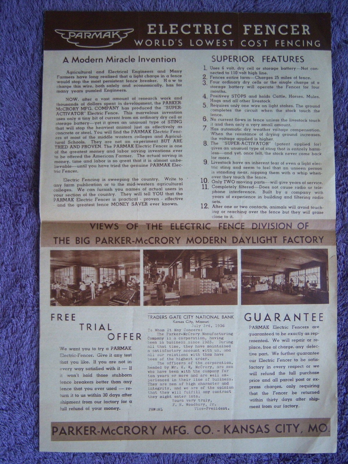PARKER-McCRORY MANUFACTURING COMPANY ELECTRIC FENCING LETTERHEAD & ADVERTISEMENT