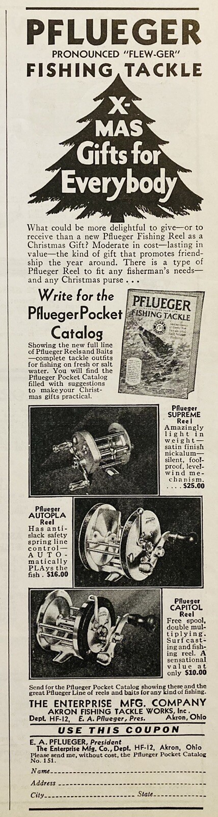 1932 AD.(XH81)~ENTERPRISE MFG. CO. AKRON, O. PFLUEGER FISHING TACKLE FOR X-MASS.