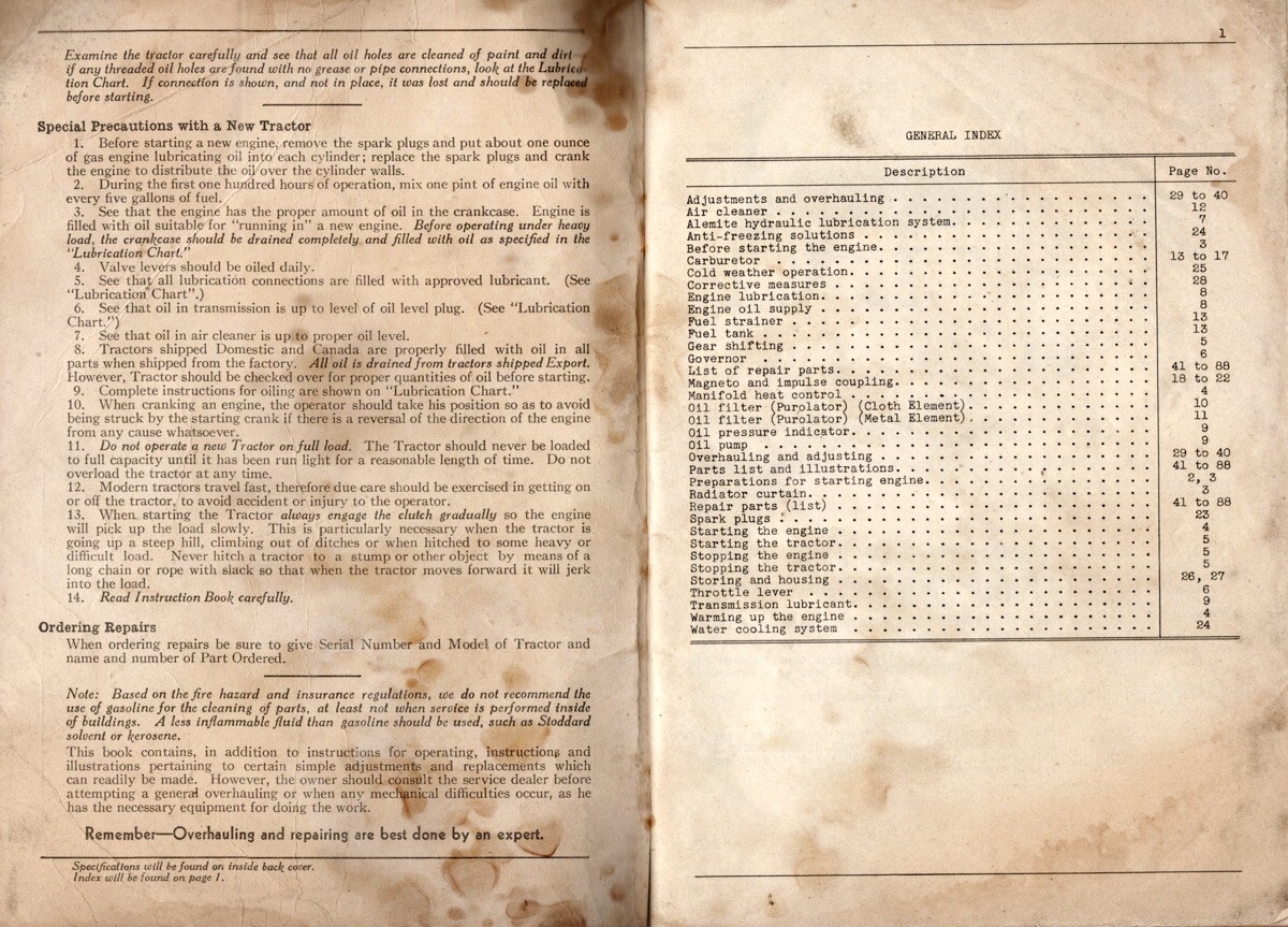 McCormick-Deering 10-20 Gear Drive Tractor, Instruction Book, 1935