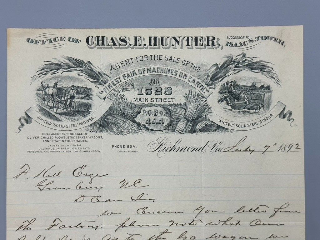 1892 WHITELY MOWER Binder FARM Advertising Chas Hunter Letter RICHMOND Virgina