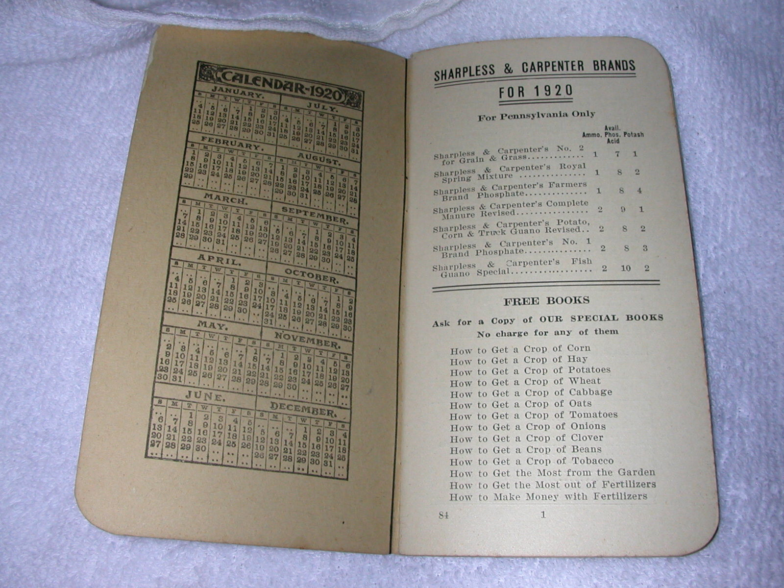 1920 Pocket Note Book Sharpless & Carpenter Fertilizers of E.R. Kloos, Agt.