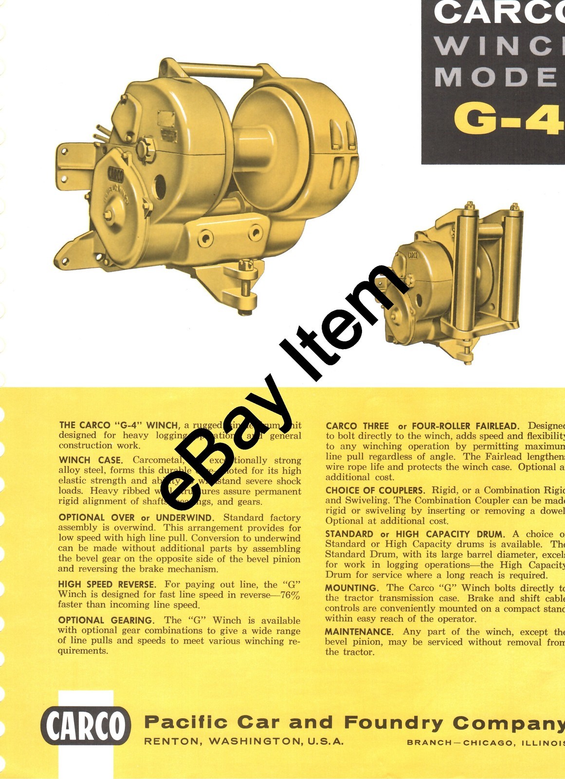 CARCO Winch Model G-4 Brochure for Allis Chalmers HD-16 crawlers Literature