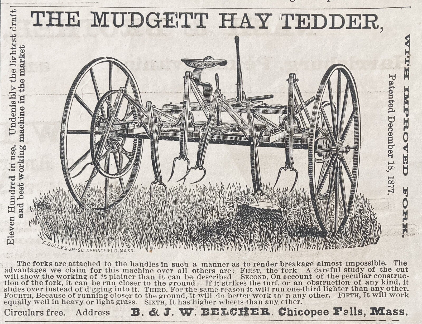 1882 AD.(XH64)~B. & J.W. BELCHER, CHICOPEE FALLS, MASS. THE MUDGETT HAY TEDDER