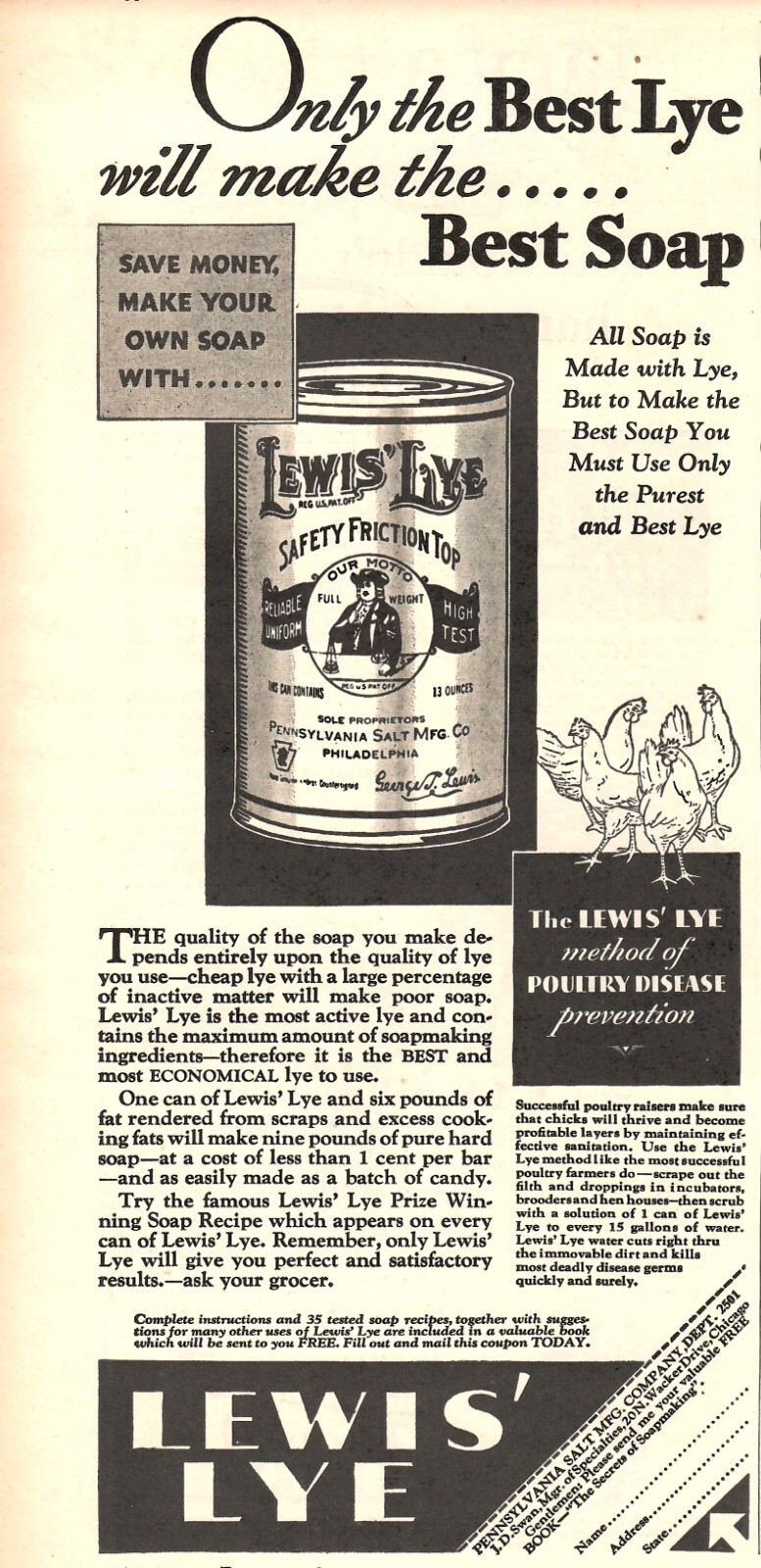 VINTAGE 1932 LEWIS LYE POULTRY FARMING PRINT AD