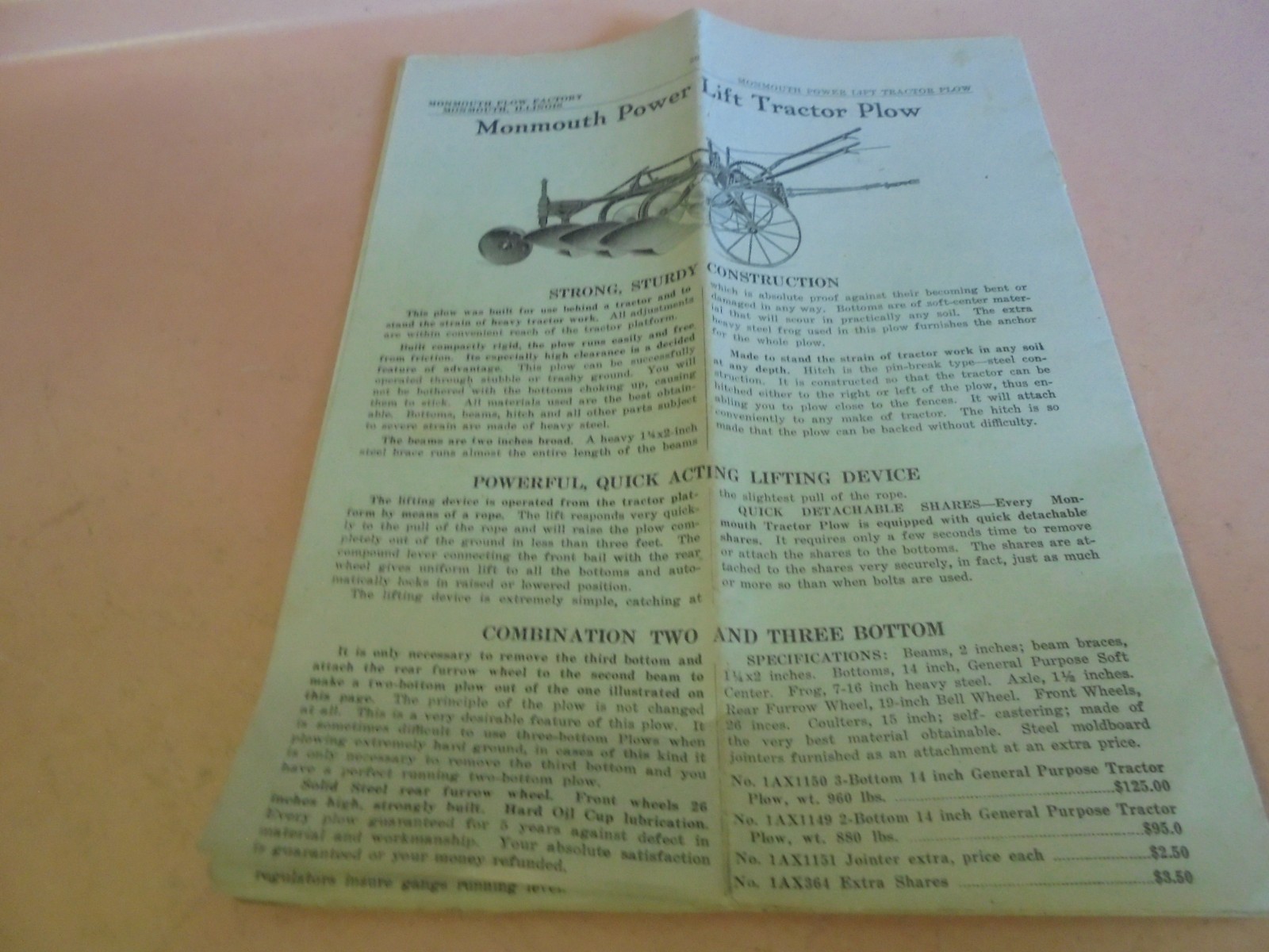 Vintage 1920&rsquo;s Monmouth Plow Factory Brochure