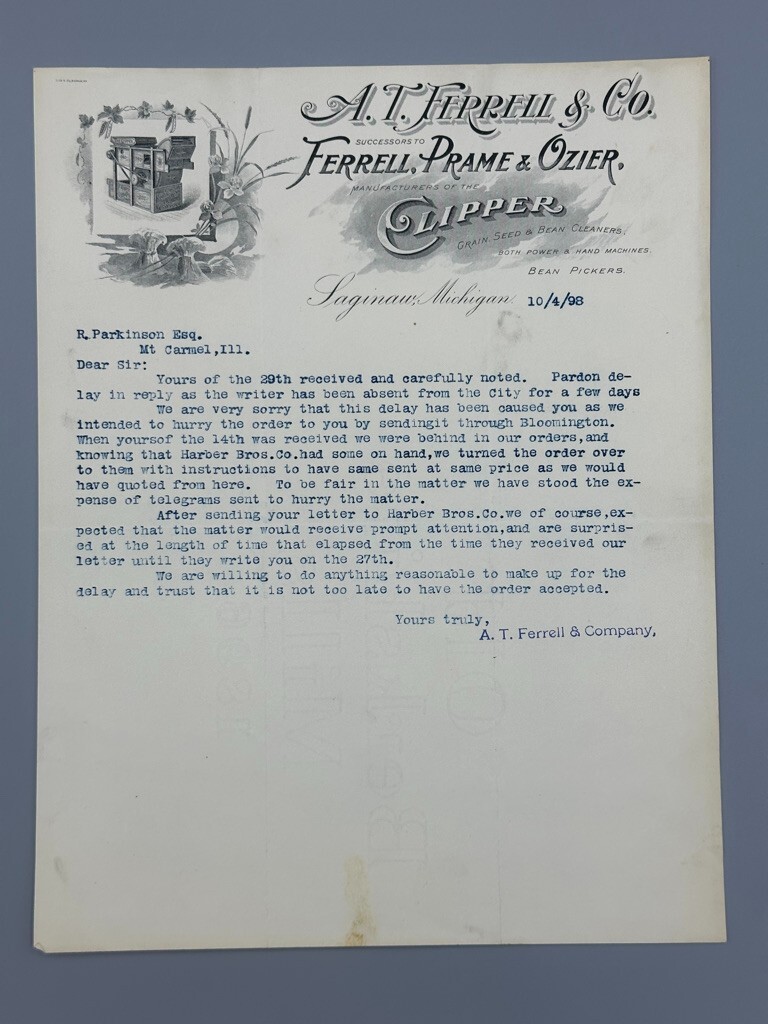 1898 A.T. FERRELL Co FARM CLIPPER Advertising Letter SAGINAW Michigan Antique