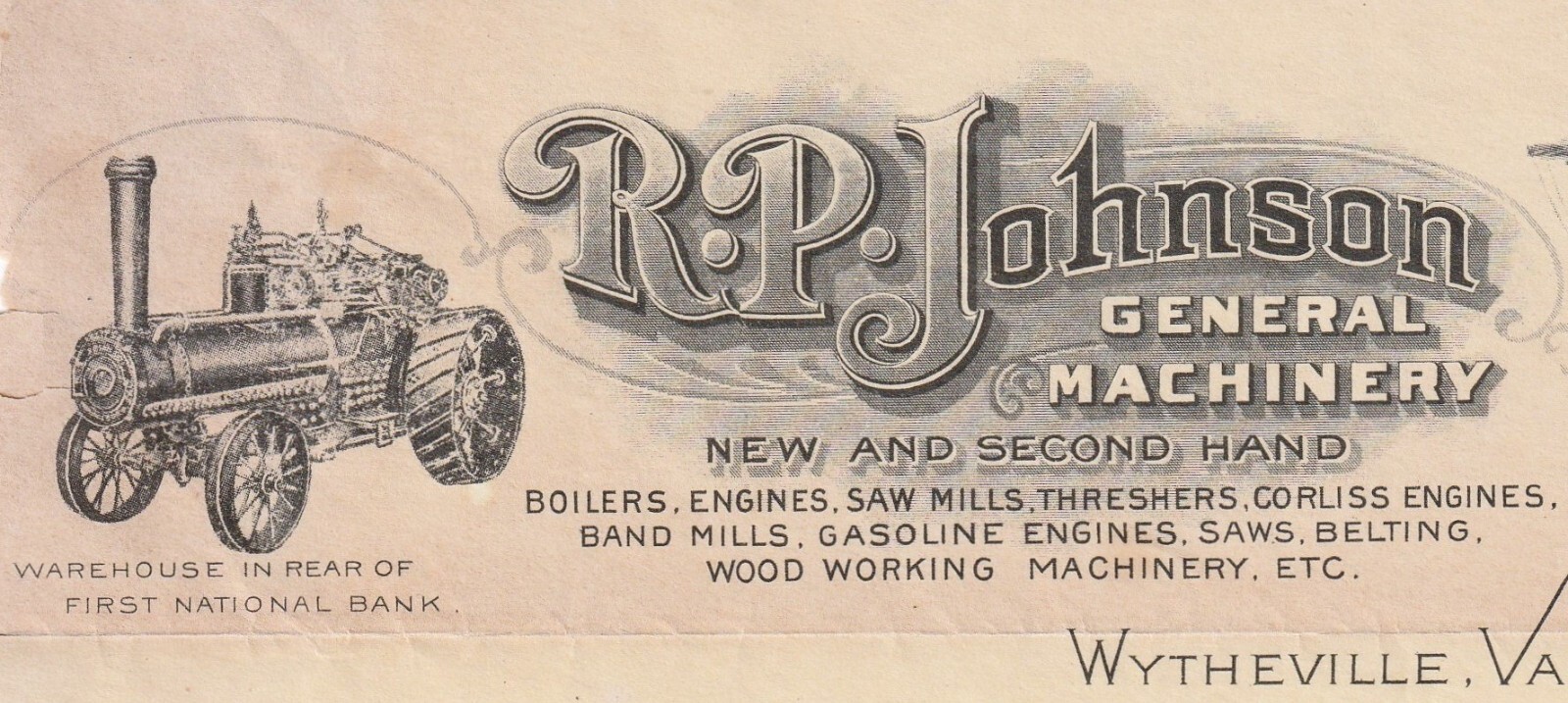 RARE Letterhead Letter – RP Johnson Engines Machines Tractor Wytheville VA 1923
