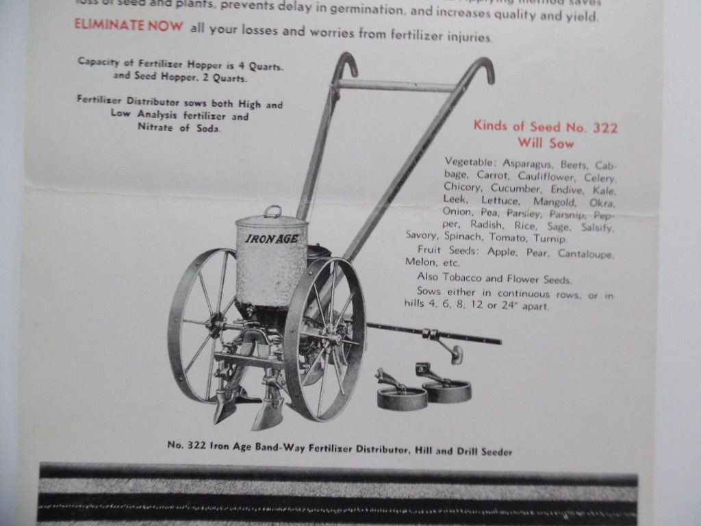 c.1940 Iron Age Band-Way Fertilizer Spreader Catalog Sheet Ellis Keystone Vintag