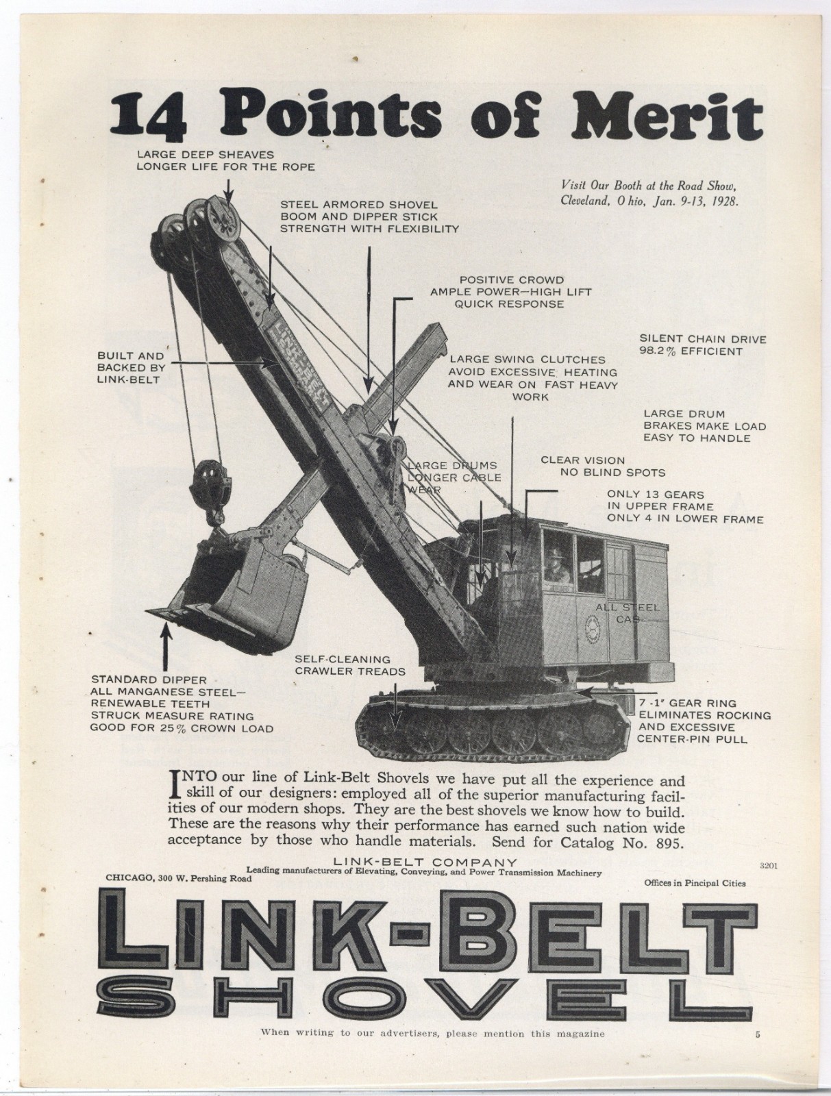 1927 Link Belt Shovel Ad: 14 Points of Merit – All Steel Cab to Larger Drum