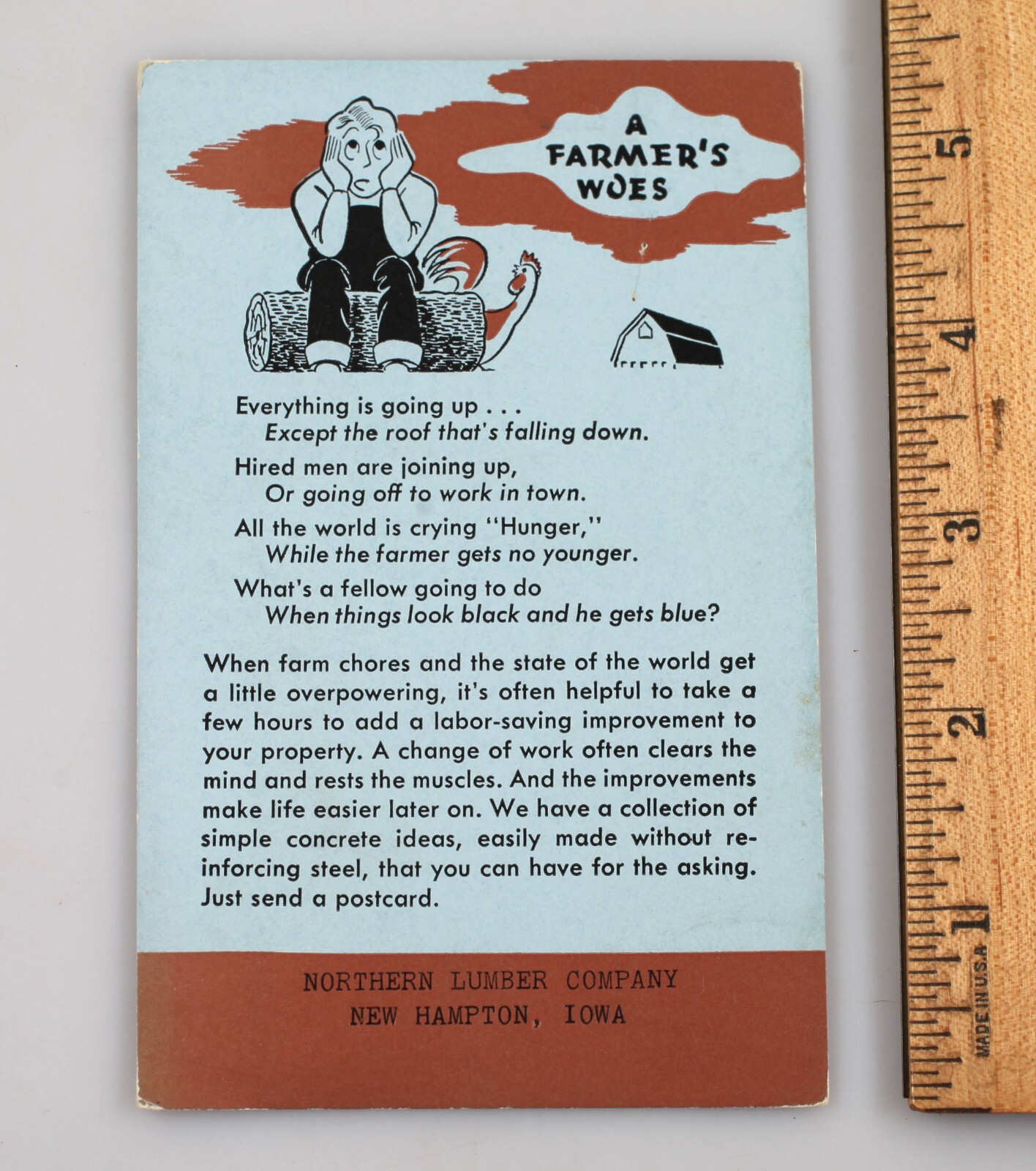 Vintage A Farmer&rsquo;s Woes Funny Advertising Card Northern Lumber New Hampton Iowa
