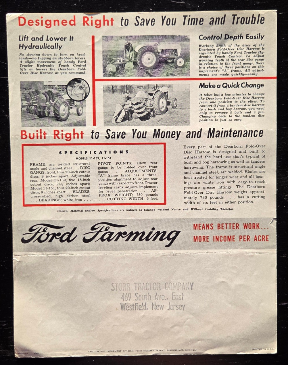 1950 FORD TRACTOR DEARBORN FARM EQUIPMENT FOLD OVER DISC HARROW SALES SPEC SHEET