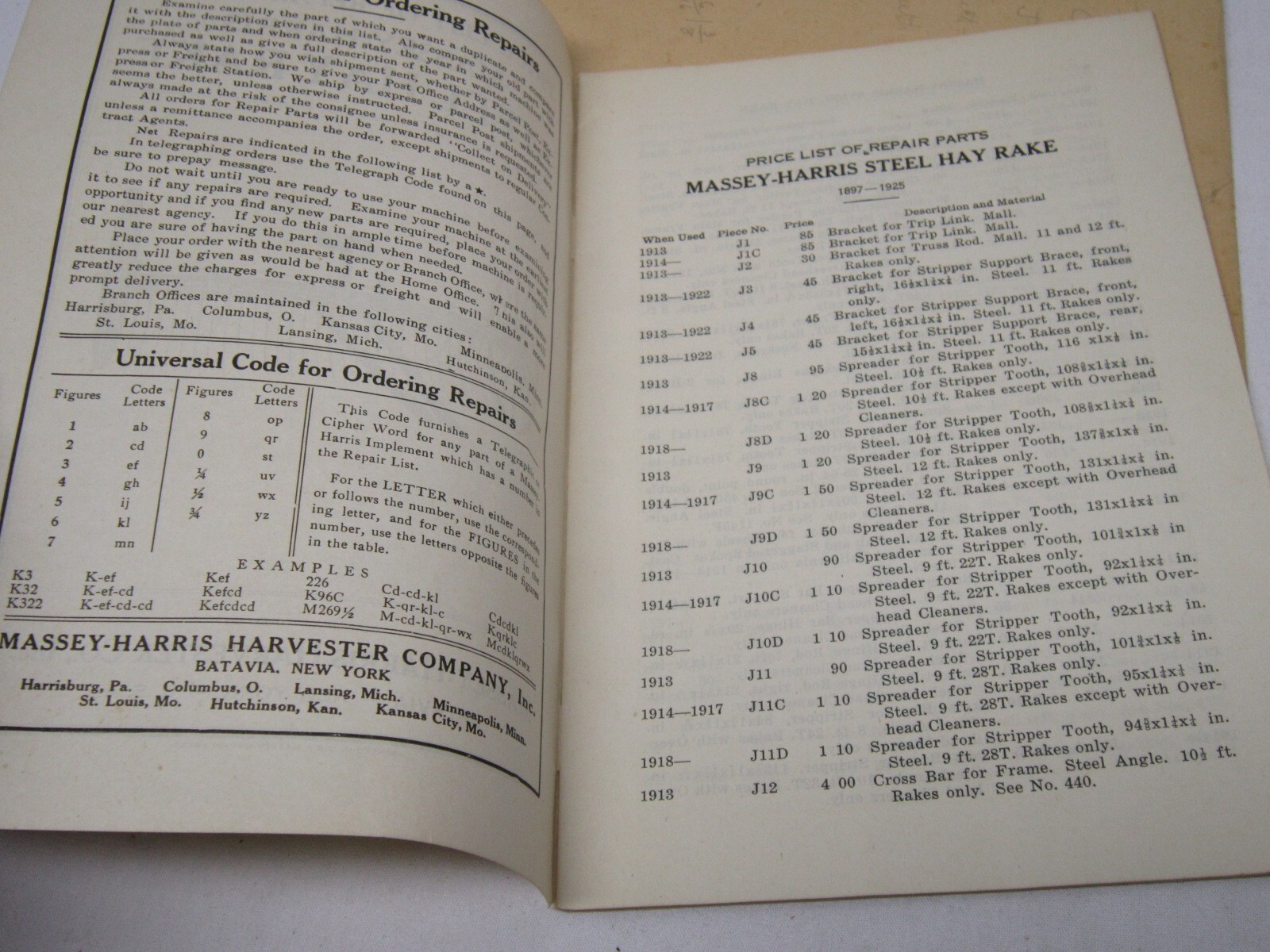 1925 Massey Harris Horse Drawn Implement Parts List Catalog Pre Tractor Vtg Farm
