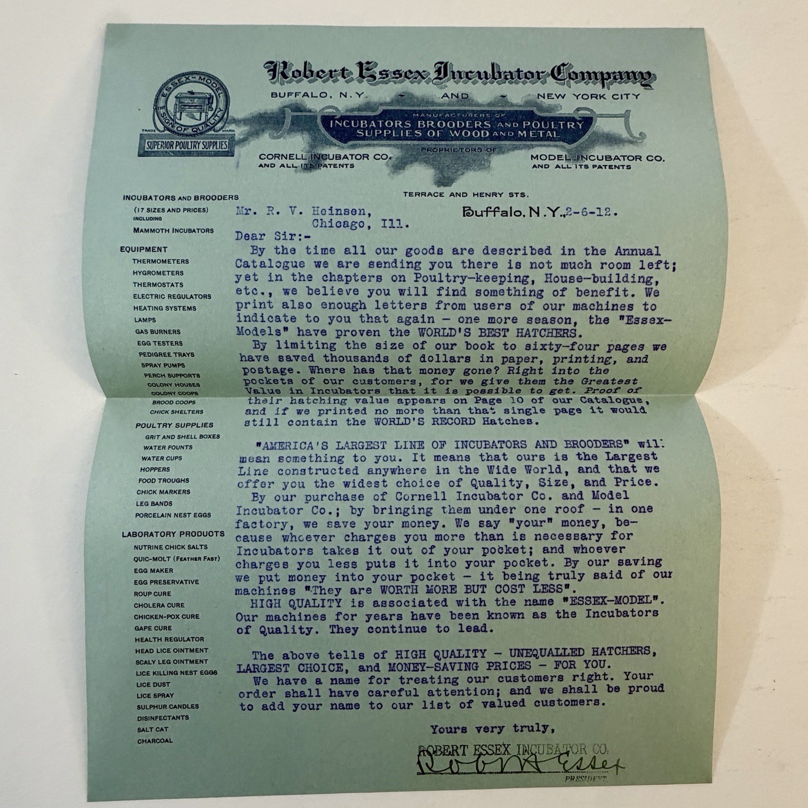 Antique 1912 Robert Essex Poultry Incubator Co Trade Catalog w/ Company Letter