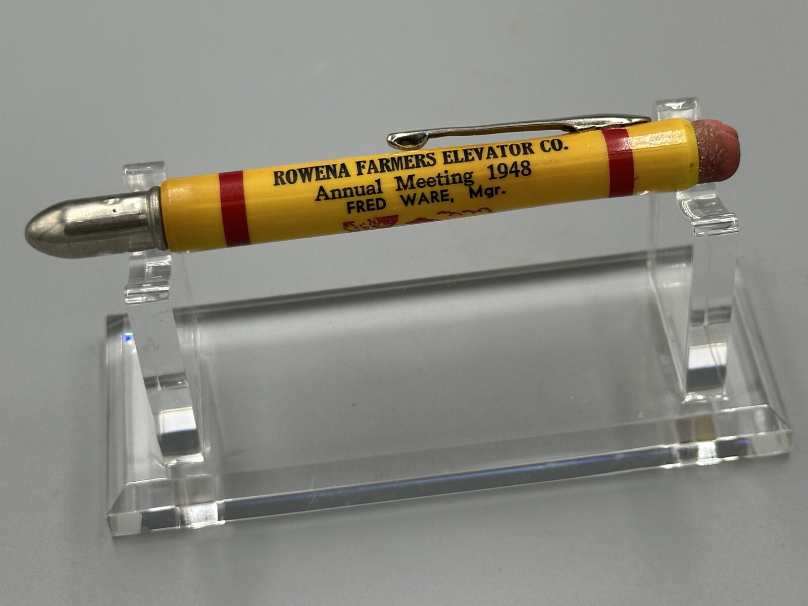 1948 FARMERS ELEVATOR Advertising COWBOY Vintage BULLET PENCIL Minnesota ROWENA