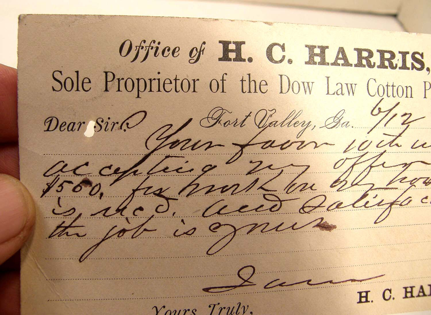 ANTIQUE 1882 POSTCARD H C HARRIS DOW LAW COTTON SEED PLANTER FORT VALLEY GA