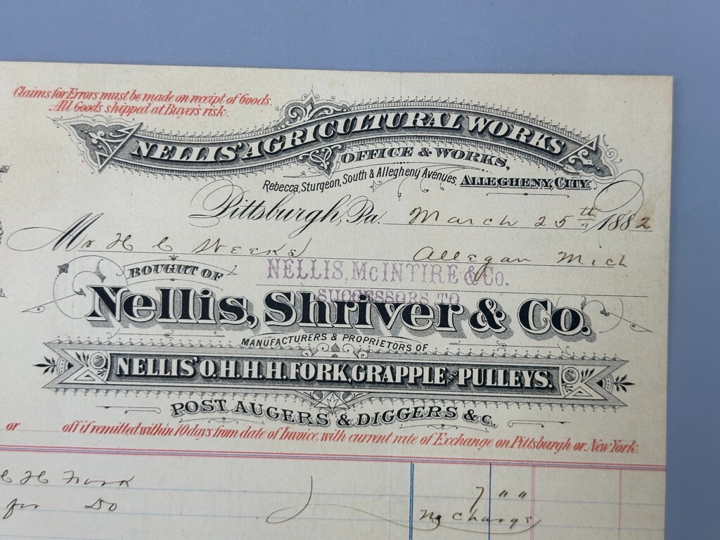 1882 Nellis Shriver GRAPPLE & PULLEYS Farm Advertising Invoice PITTSBURGH