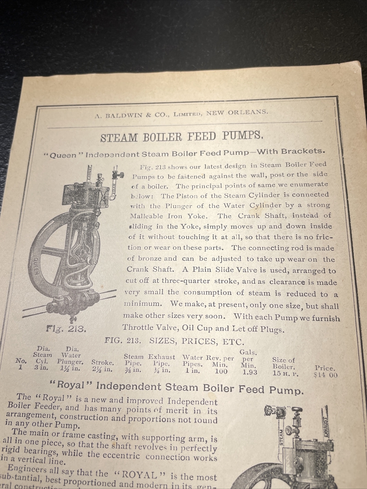 1891 Baldwin – Goulds Steam Boiler Feed Pump – Farm Advertising – New Orleans