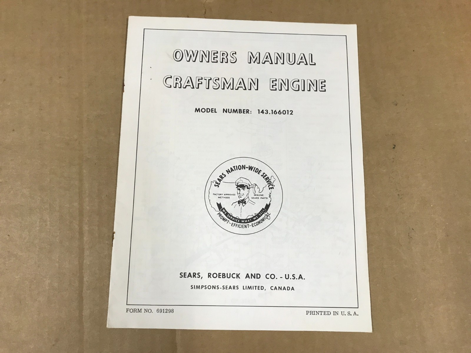 Vintage Sears Craftsman Engine Owner&rsquo;s Manual – Model 143.166012, Form 691298
