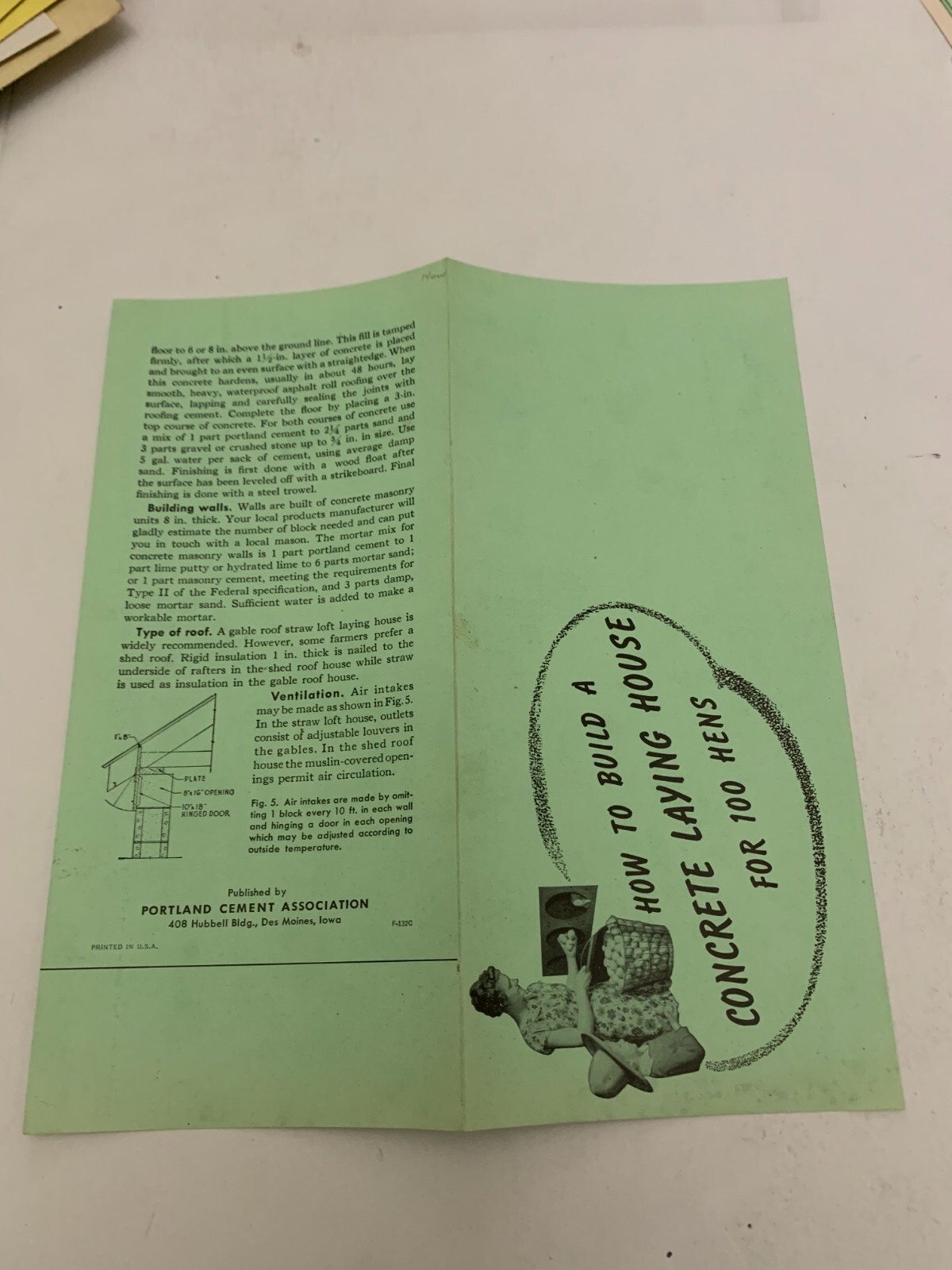c1940 Portland Cement Co Des Moines Iowa Concrete Laying House 100 Hens Brochure