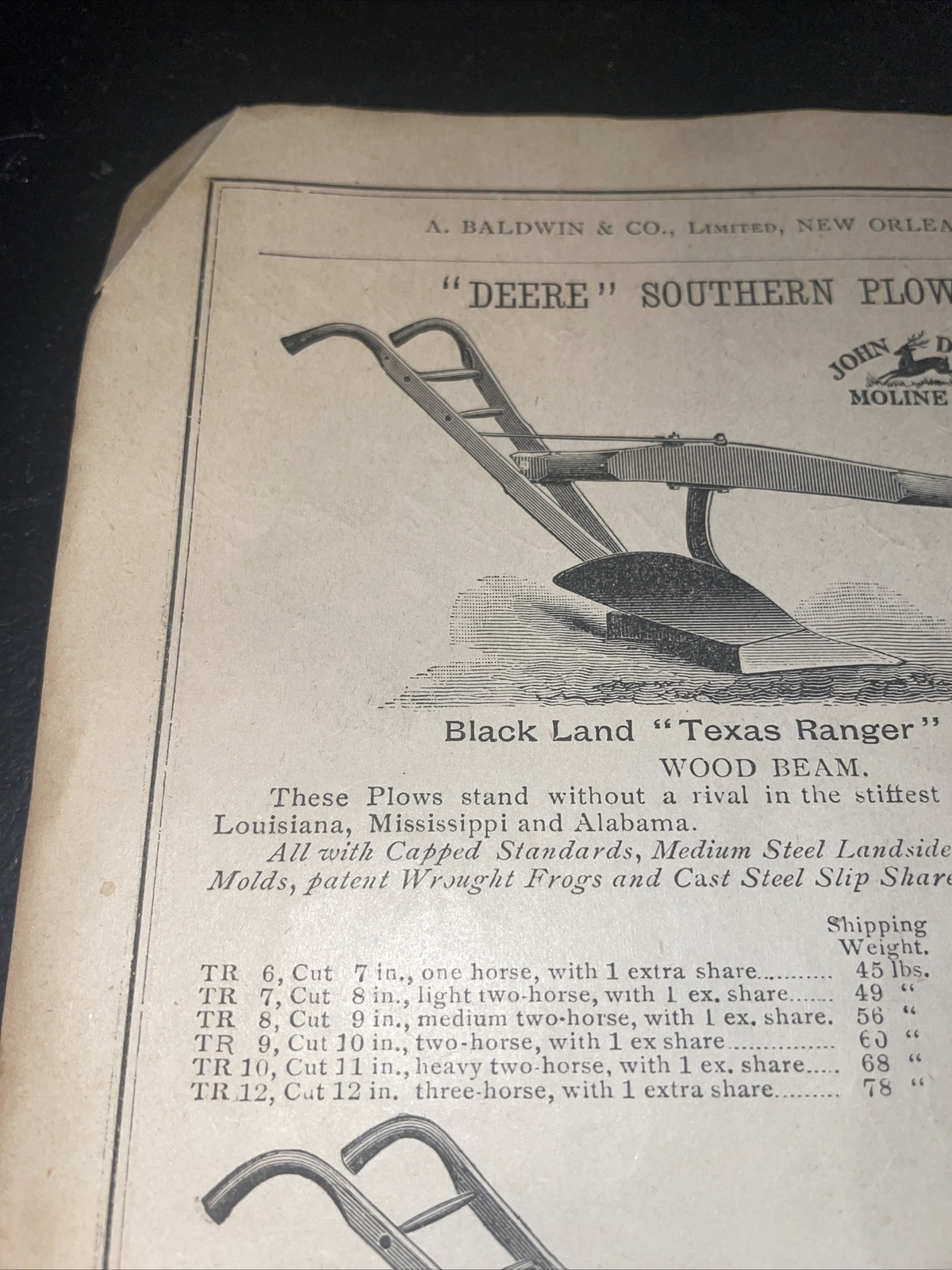 1891 Baldwin John Deere Texas Ranger Series Plow Farm Advertising – New Orleans