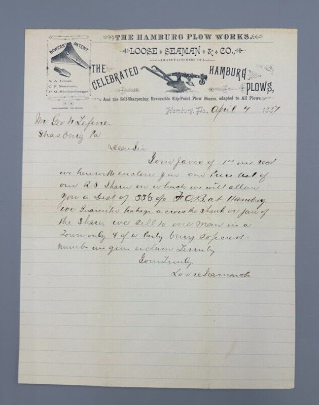 1887 HAMBURG PLOW WORKS Loose Seaman FARM Advertising Illus Letter Pennsylvania