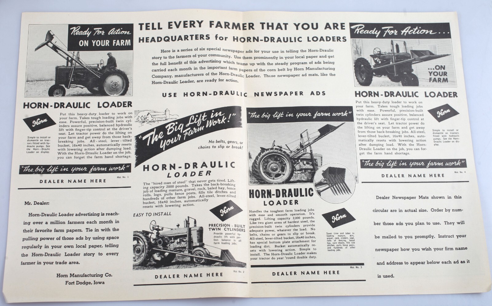 Vintage Horn Draulic Loader Newspaper Dealer Ads Brochure Fort Dodge Iowa