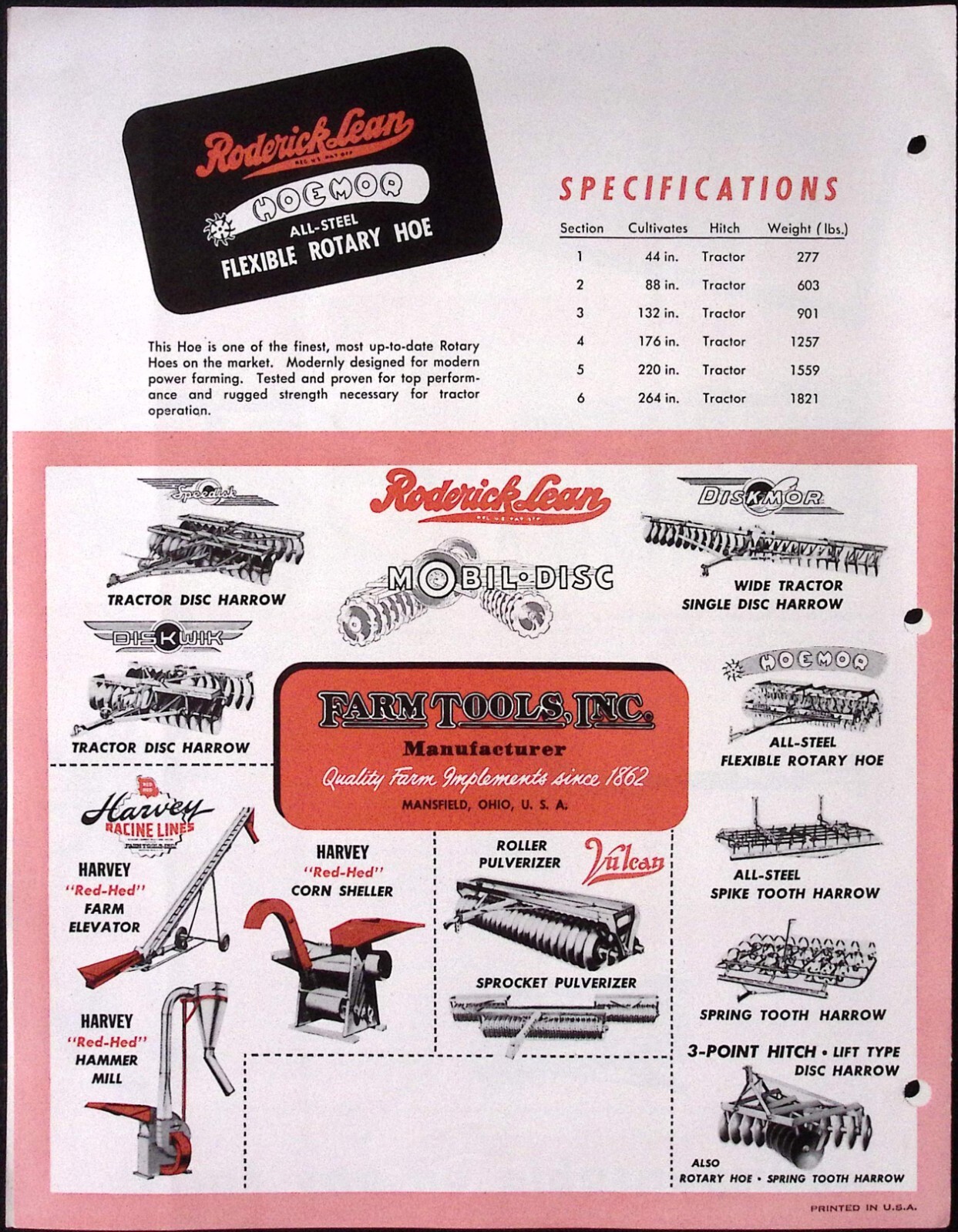 1954 Roderick Lean Hoemor Tractor Rotary Hoe Brochure Farm Tools Inc Mansfield