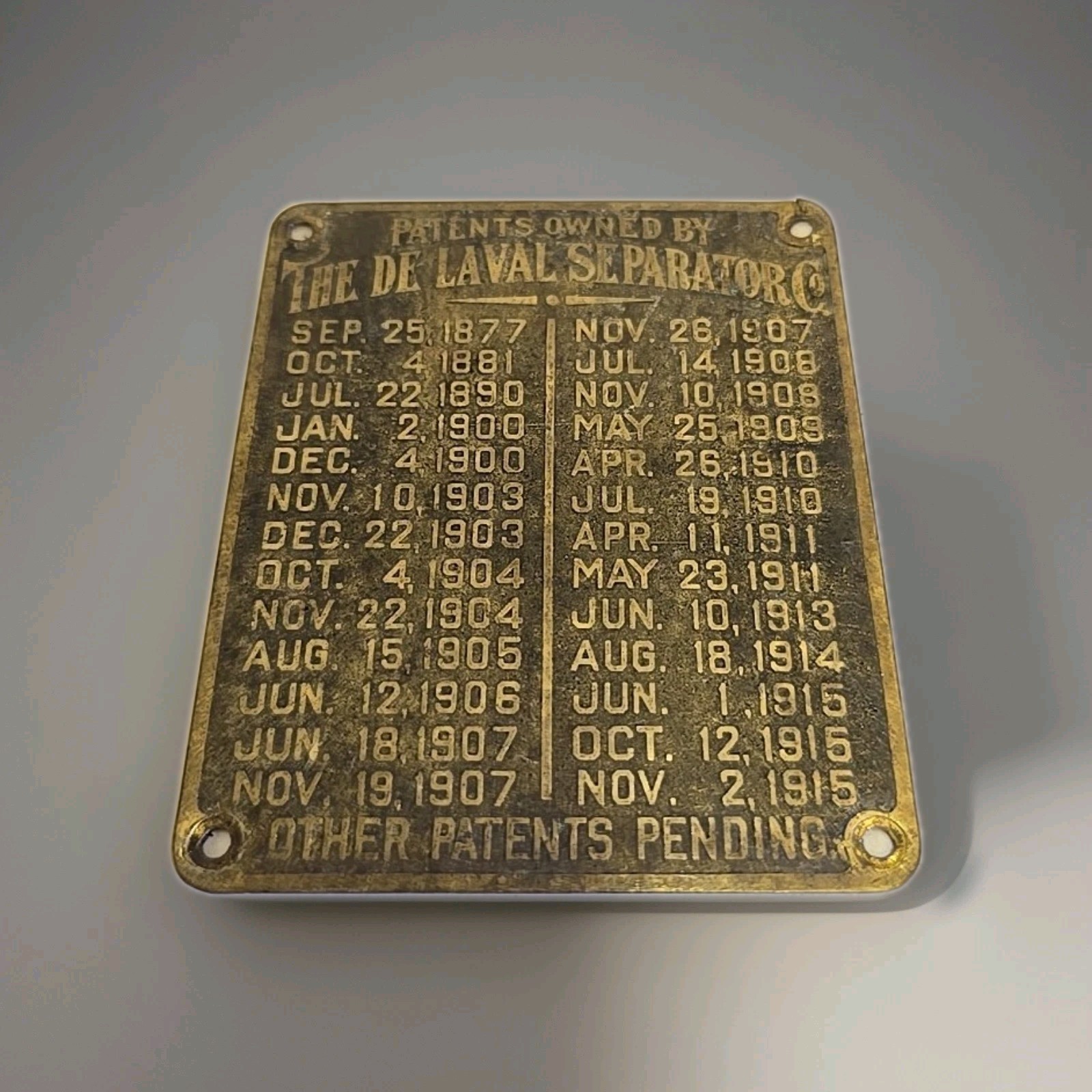 Antique De Laval Seperator Co Advertising 1915 Brass Patent List Badge Emblem