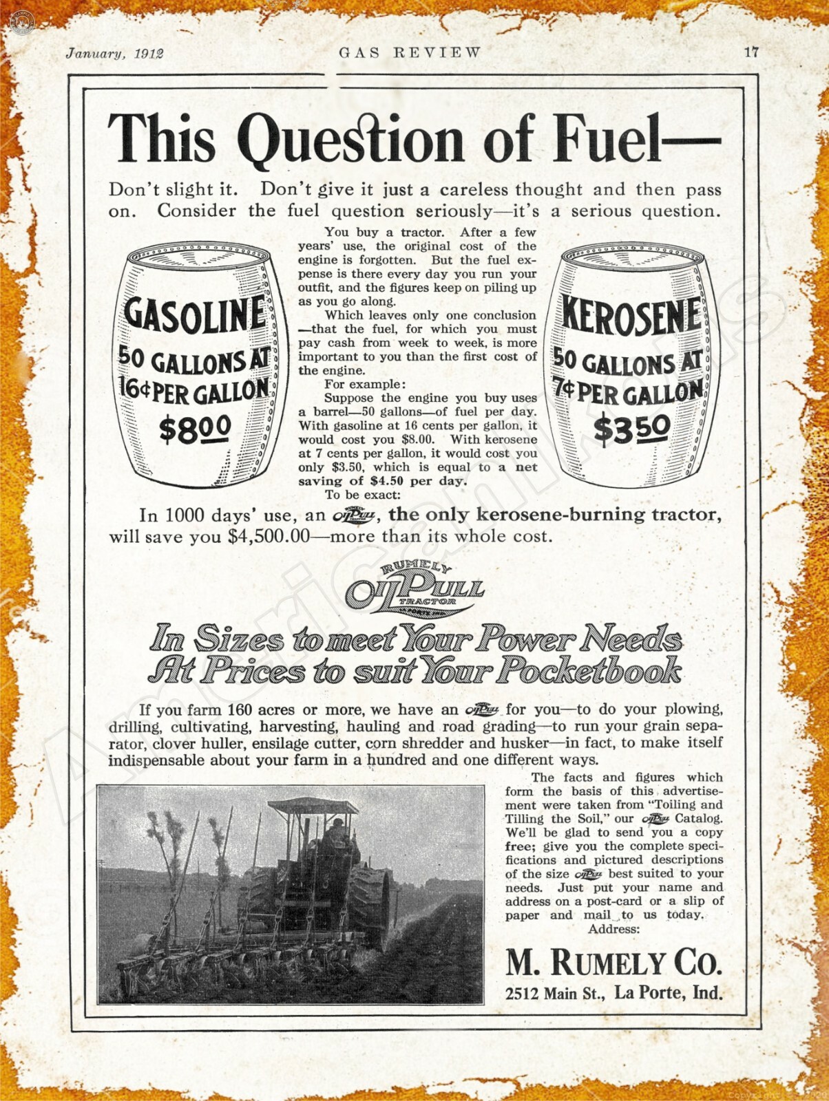 1912 M. Rumely Kerosene Power Oil Pull Tractor New Metal Sign: La Porte, Indiana