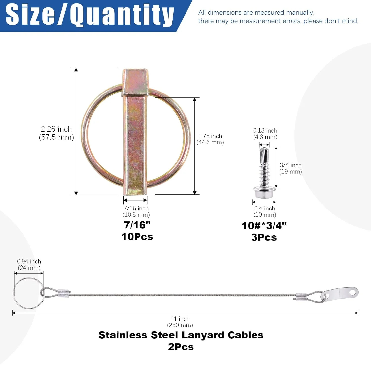 Glarks 15Pcs 7/16&Prime; x 1-3/4&Prime; Lynch Pin with Lanyard Cable Set 10Pcs Lynch Pin Loc
