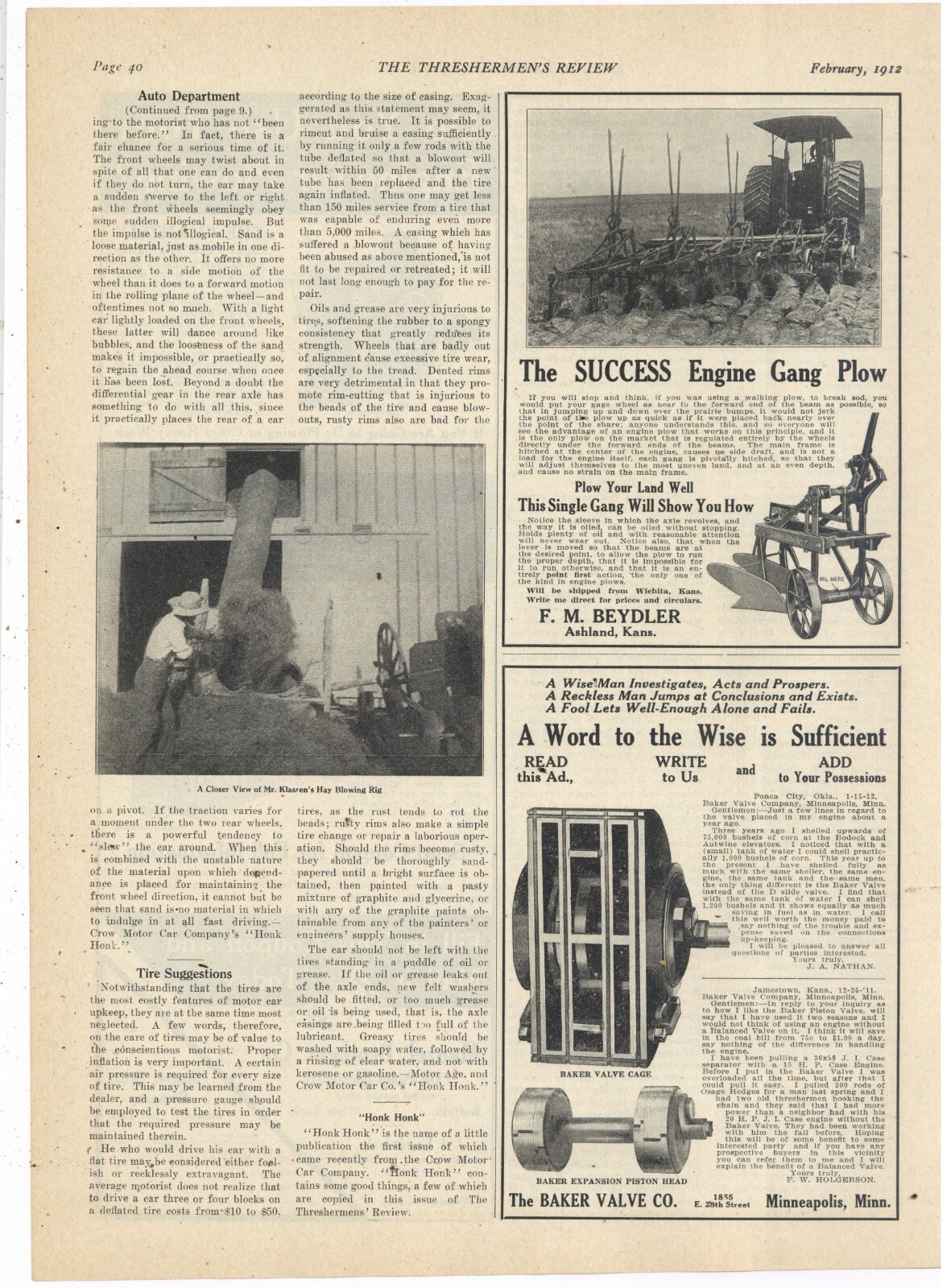 1912 F.M. Beydler Co. Ad: Success Engine Gang Plows – Ashland, Kansas