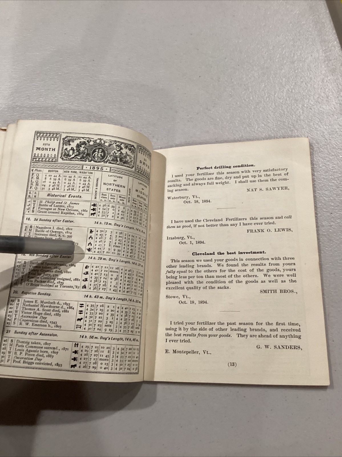 1895 The Cleveland Dryer Co Perfect Drilling Blood Bone Fertilizer Calendar Book