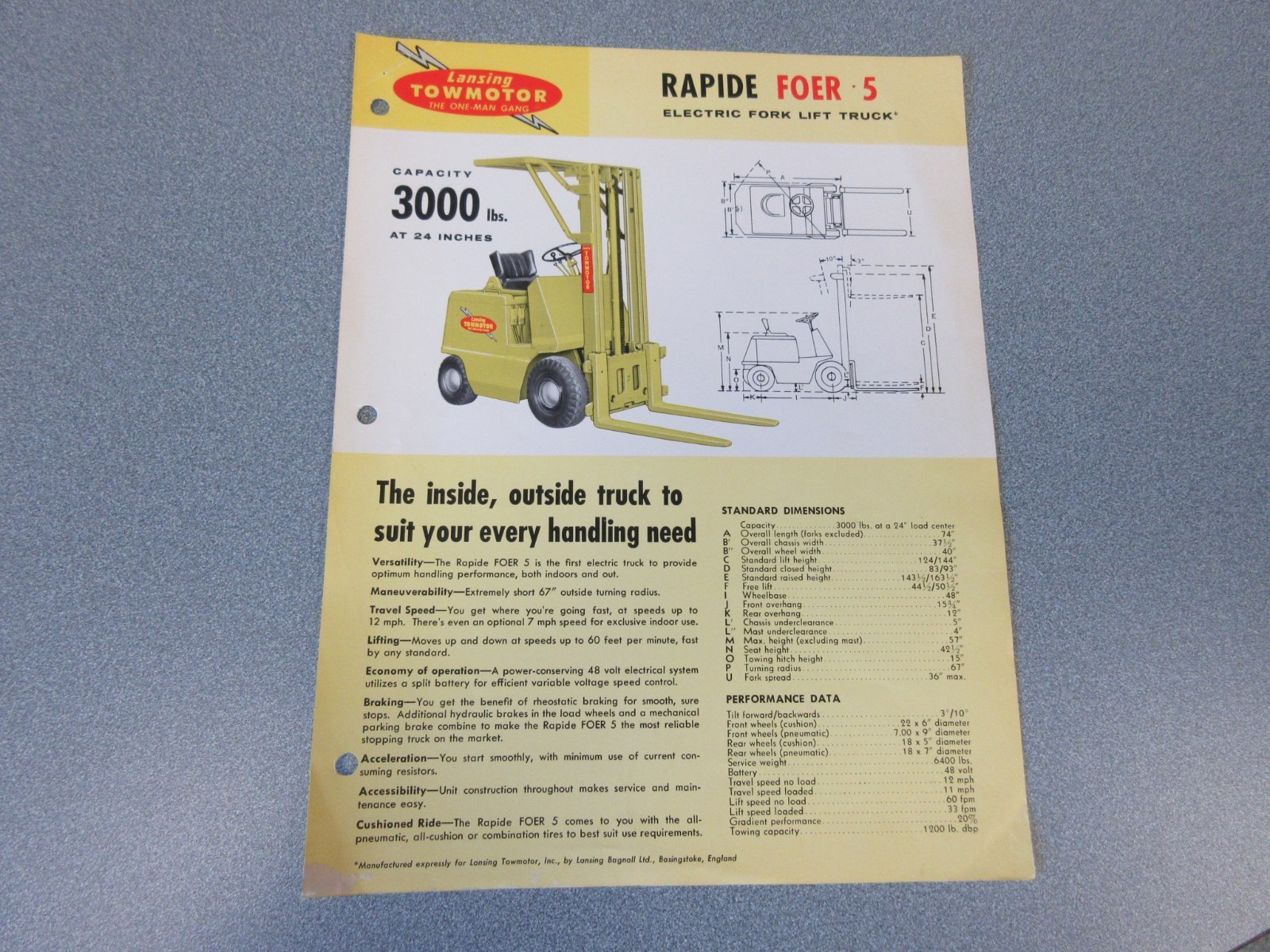 Old Towmotor Forklift Sales Sheet, 3000 Pound Pallet Truck