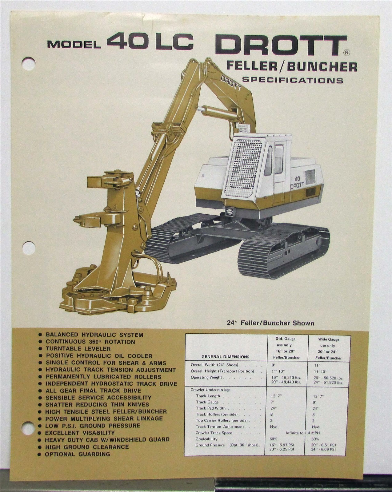 1974 Drott 40LC Feller Buncher Specifications Construction Sales Data Sheet