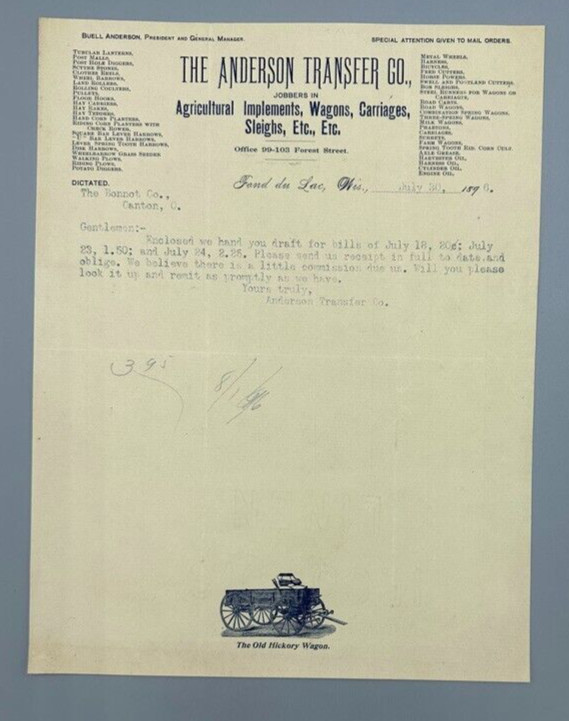 1892 -1896 ANDERSON Transfer Antique FARM Advertise Letter FOND Du LAC Wisconsin