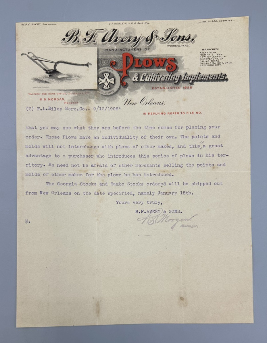 1908 B F AVERY & Sons PLOWS Letter FARM Advertising NEW ORLEANS 2-Page