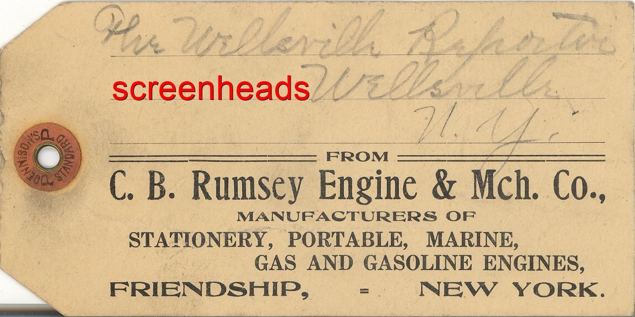ANTIQUE 1908 « RUMSEY STATIONERY GAS ENGINES » SHIPPING TAG Friendship New York